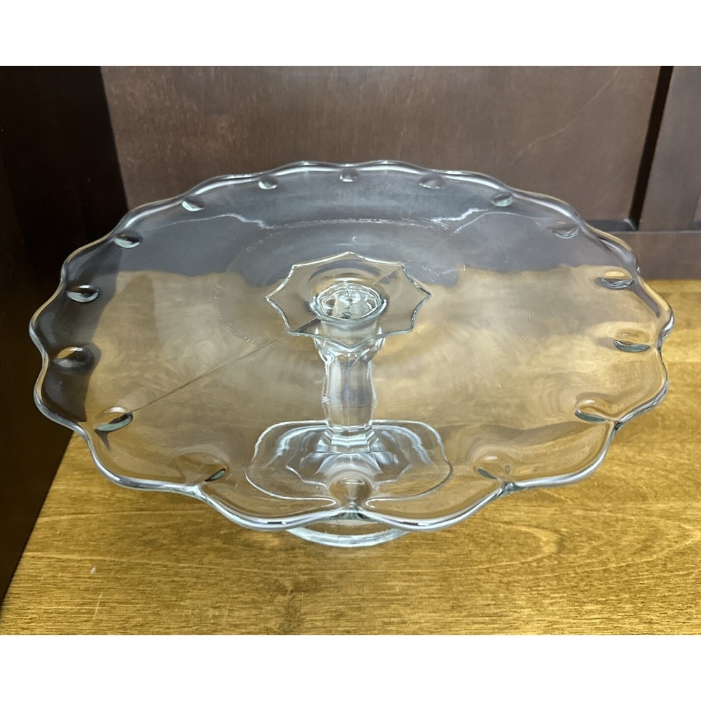 Indiana Glass Pedestal Cake Pastry Stand Teardrop Clear Scalloped Edges Plate